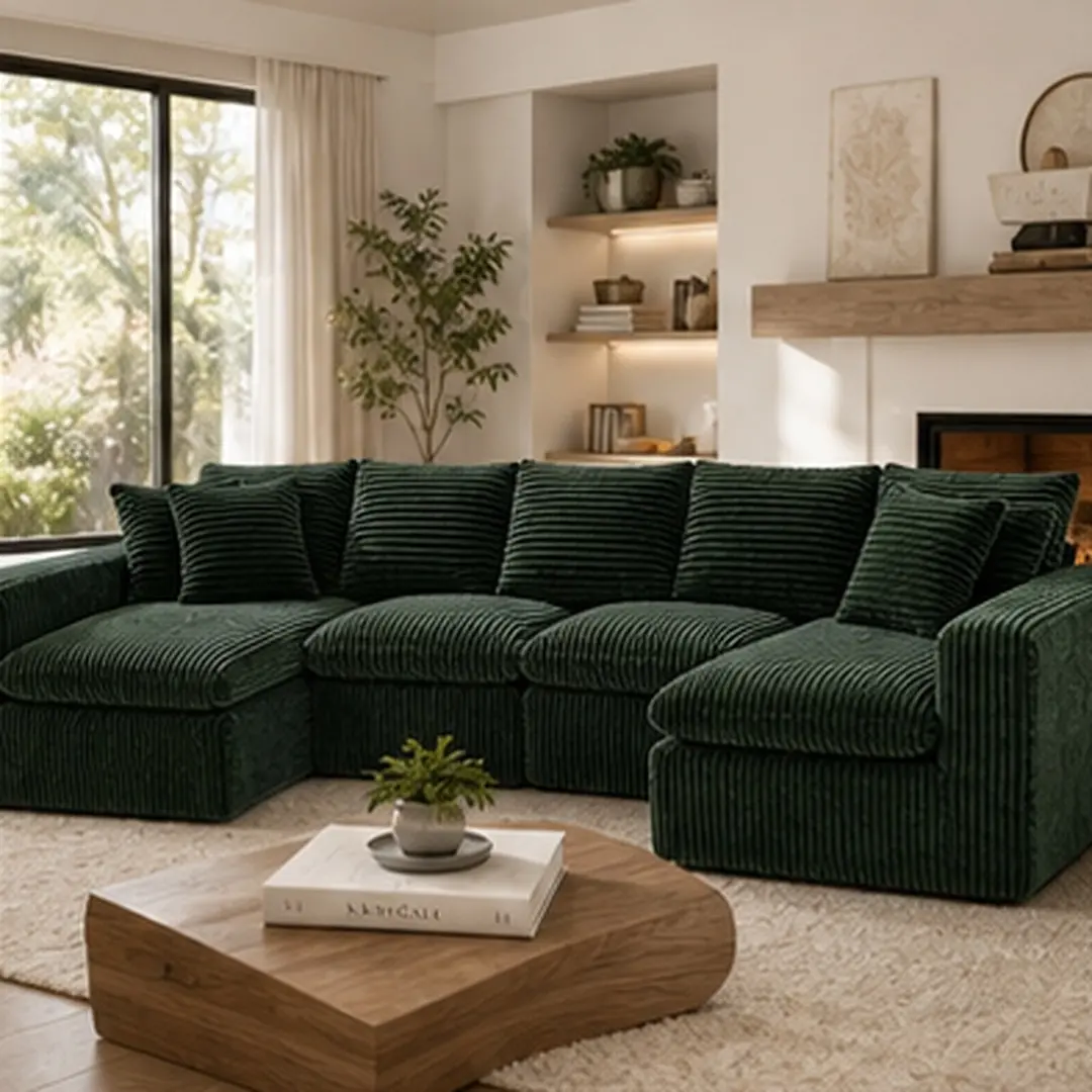 ARCH Modular Traditional Classic U-Shaped Comfy Couch - 130" 6-Seat Corduroy Sofa, 59" W x 130" D x 24" H, Memory Polyurethane Foam, Rolled Arms, Pillow Back, No Assembly, Extra Heavy Duty, Multiple Colors (Beige White/Black/Green) for Living Room