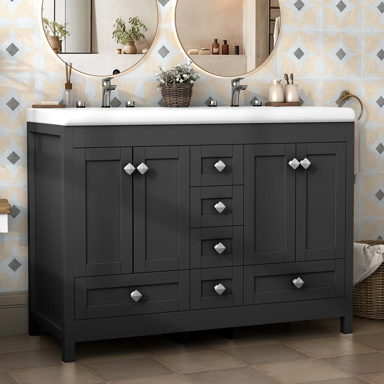 Black Bathroom Vanity with Double Sink Ceramic Freestanding Cabinet and 6 Drawer