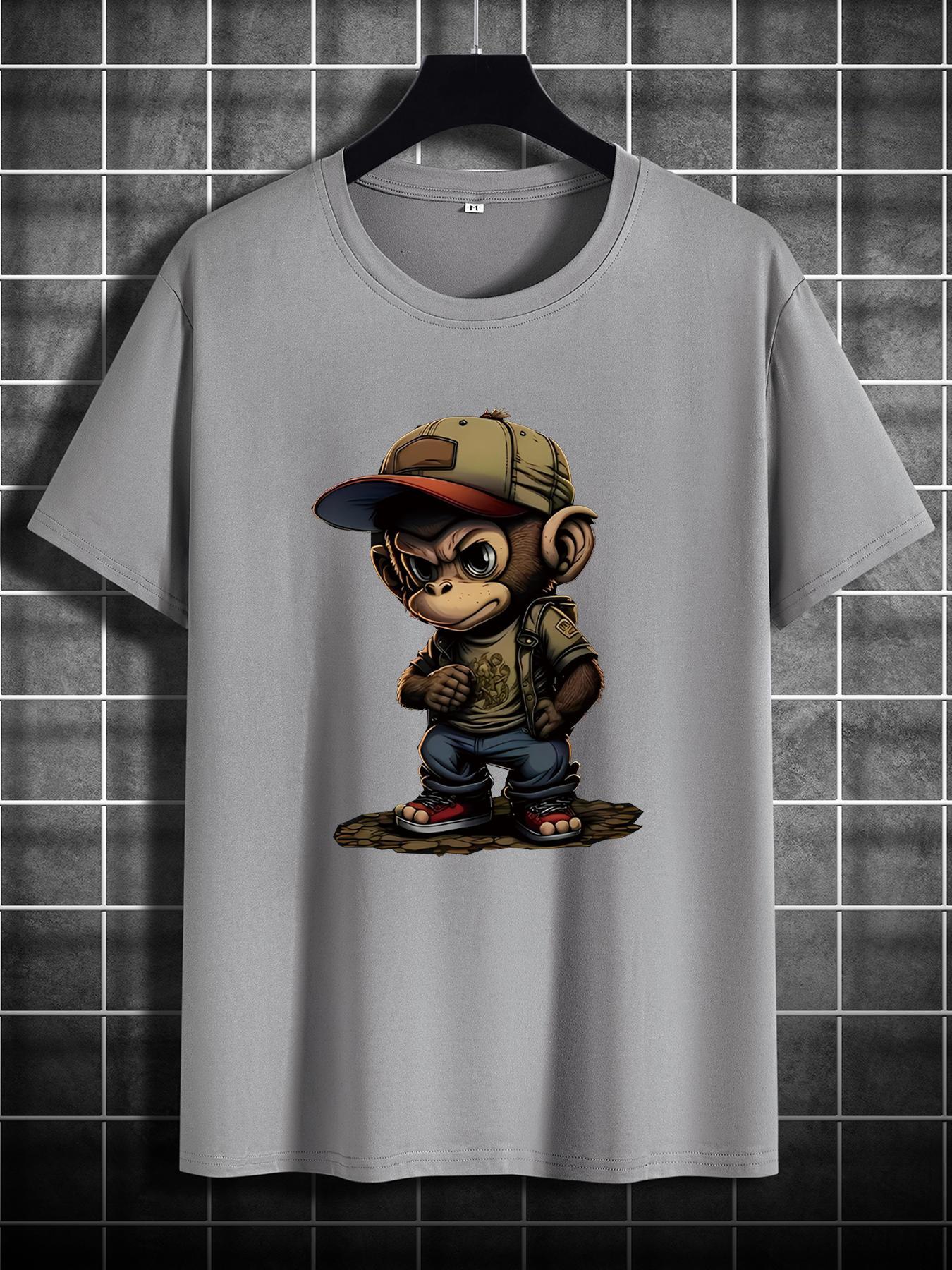 Men's Cartoon Monkey Print Round Neck Tee, Regular Fit Casual Comfy Streetwear Short Sleeve Crew Neck T-shirt for Summer, Fashion Men's Top for Daily Wear