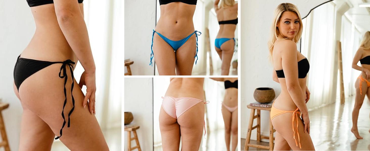 Pin Up Doll Cheeky String Side Tie Bikini Bottom, Low Rise Scrunch Butt Bathing Suit Bottoms for Women, Women's Swimsuits : Clothing, Shoes & Jewelry