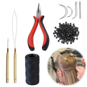 All-in-One Hair Extension Tool Kit, 200Pcs 5.0x3.0x3.0mm Silicone Lined Micro Link Beads, Three-Hole Hair Pliers, Loop Threader, Pulling Hook Needle, 120M Sewing Thread & 8Pcs Sewing Needles, Black