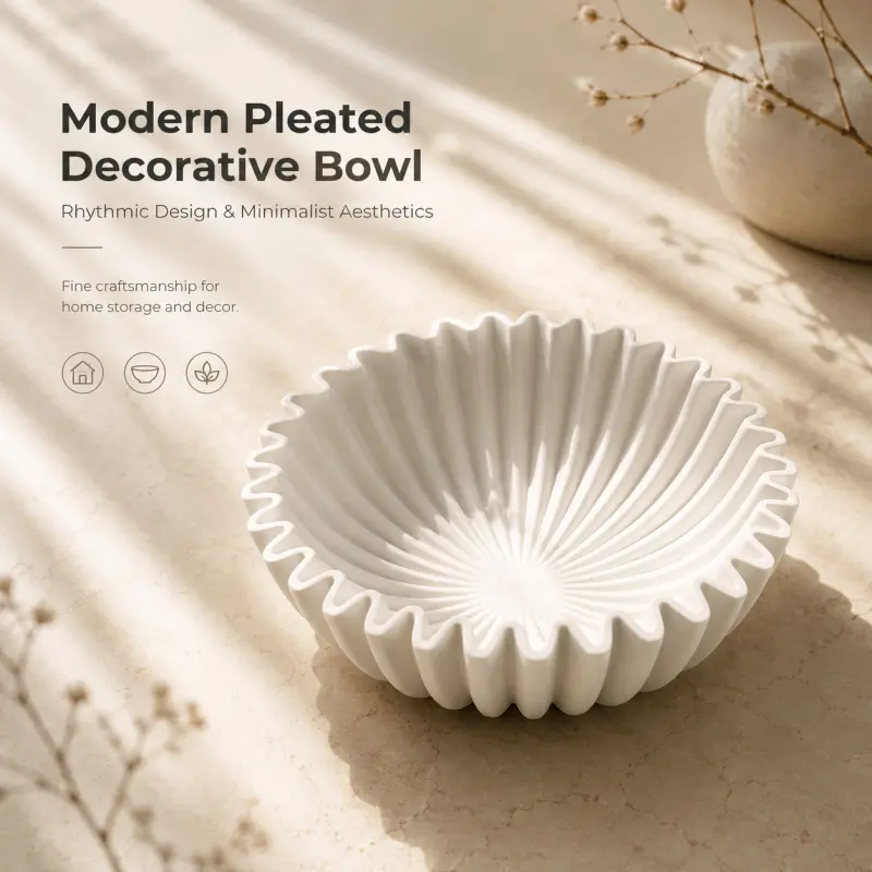 Modern Pleated Decorative Bowl, Storage Bowls, Minimalist White Ribbed Design, Rhythmic Design, Versatile Storage & Centerpiece for Home Decor, Keys, Jewelry, or Fruit