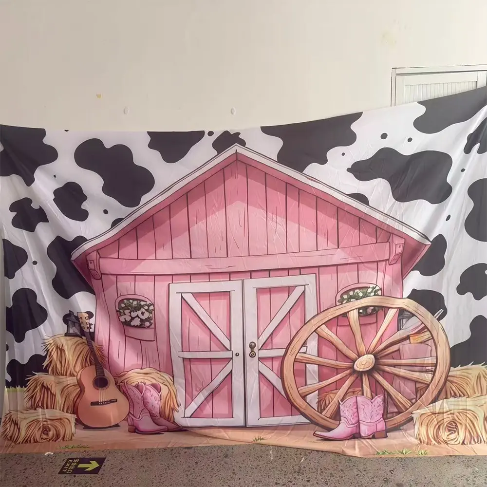 2D Flat 1PC Polyester Pink Western Farm Fabric Banner Party Decorations Banners Cow Print Barn Decor for Indoor & Outdoor Western Themed Party Farm Gathering Photo Backdrop Available in Multiple Sizes
