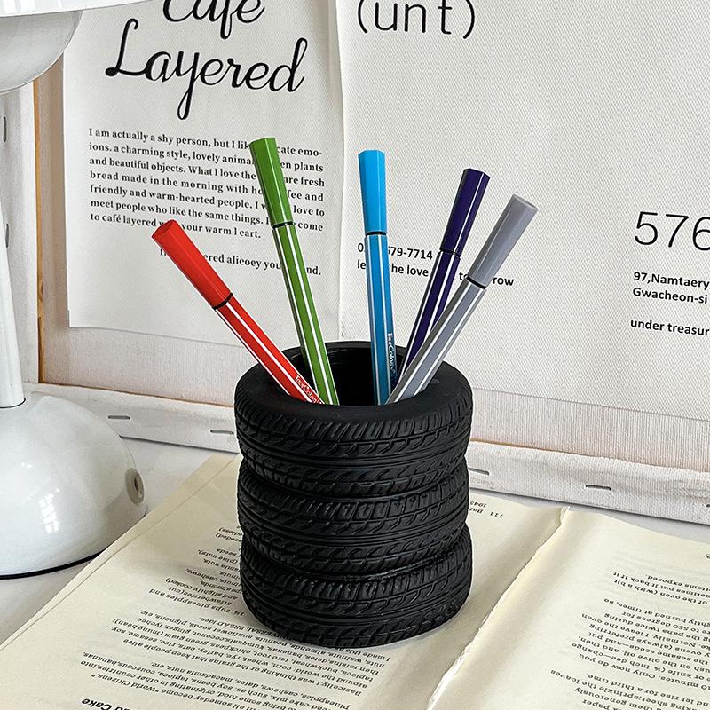 Creative Tire Shaped Multifunctional Pen Holder, Student Office Desktop Storage Decor, Makeup Brush Stationery Eyebrow Pencil Organizer