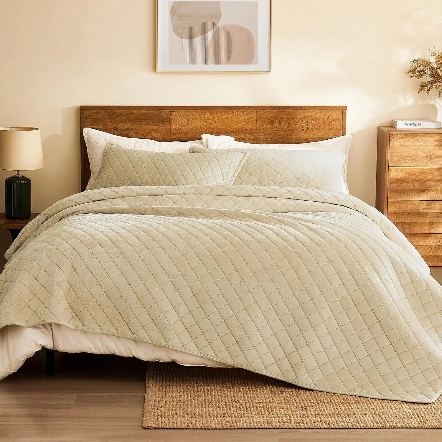 Velvet Queen Size: 3-Piece Reversible Luxury Velvet Bedding Comforter Set - Lightweight Oversized Quilted Bedspread Coverlet with 2 Pillow Sham for All Season - Light