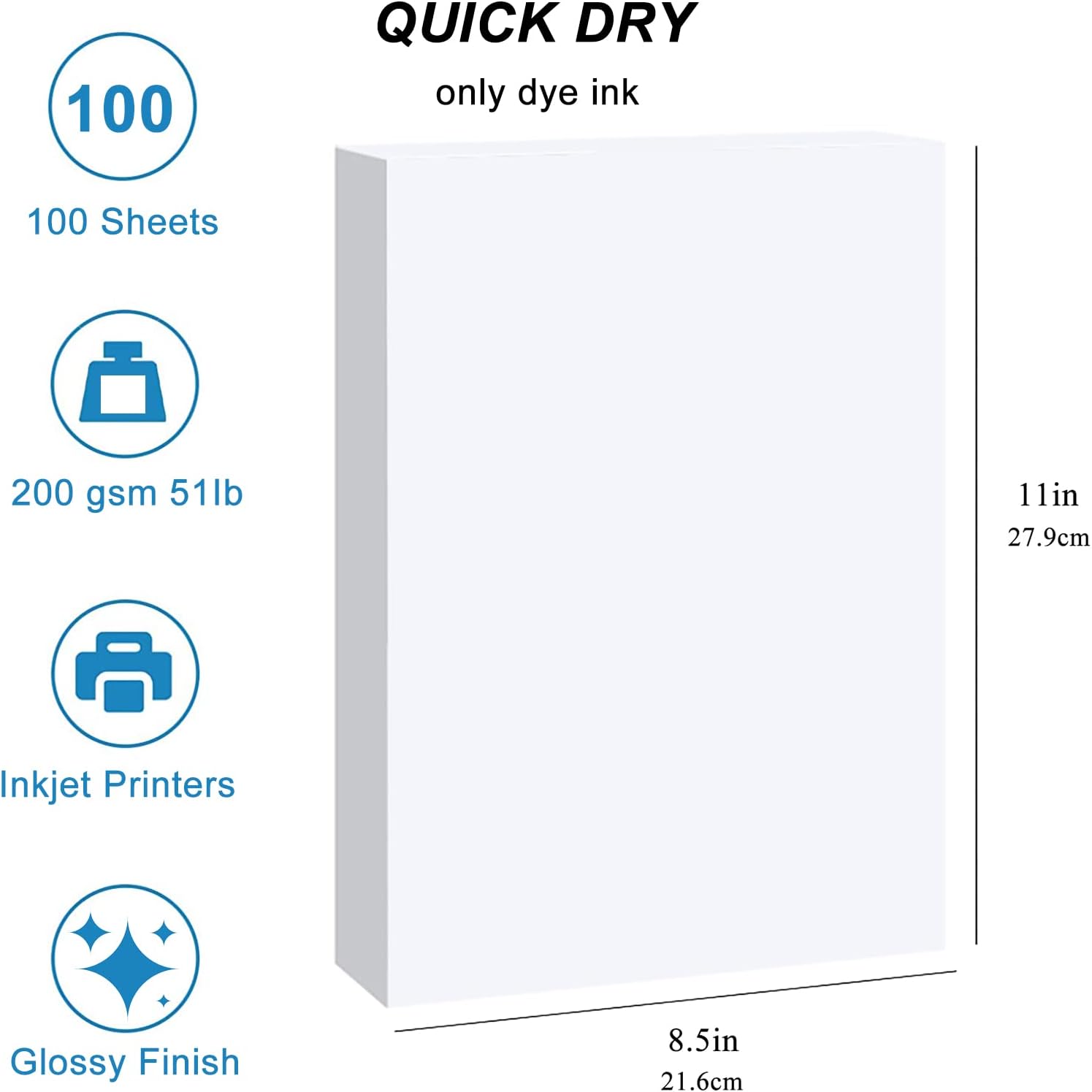 Photo Paper 8.5 x 11 Glossy 100 Sheets Compatible with Inkjet Printer Use DYE INK 200GSM