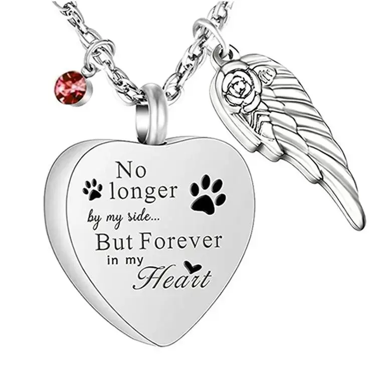 Stainless Steel Heart-Shaped Wing Pendant Necklace, Pet Memorial Keepsake for Loved Ones, Perfume Locket for Ashes or Hair