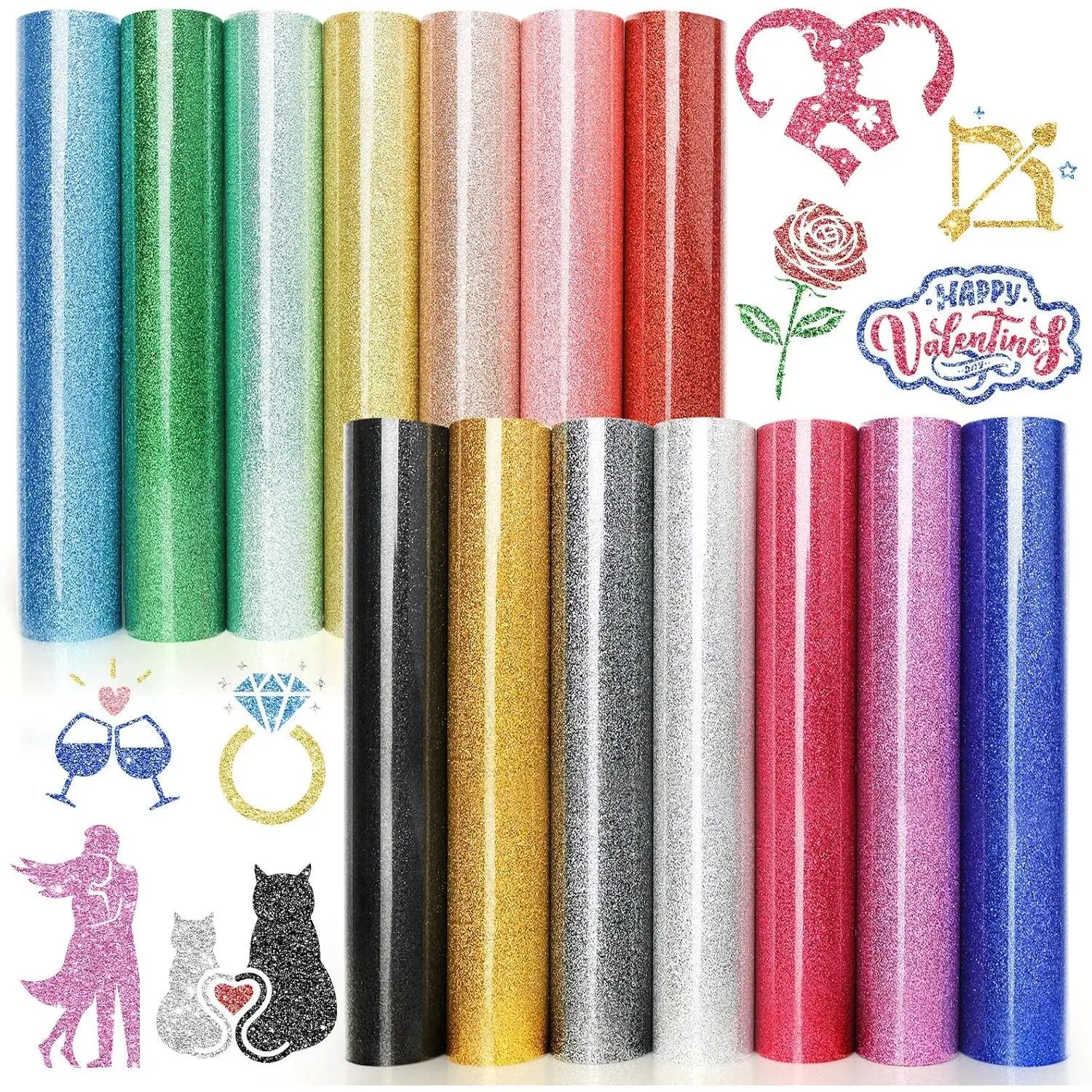 Glitter Heat Transfer Vinyl HTV - 14 Pack 12"x10" Iron  Vinyl for Cricut, Silhouette Cameo or Heat Press Machine, Christmas Decorations Shirts Dress, 14  Colors HTV Glitter Heat Press Vinyl