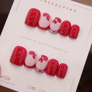 European and American style handmade false nails, cross-border red maple leaf short square-round nails, sweet girl style, daily detachable wearable manicure 12Pcs Medium Almond Chrome Handmade Press On Nails Kit with Nail File for Girls Trendy Salon Quali