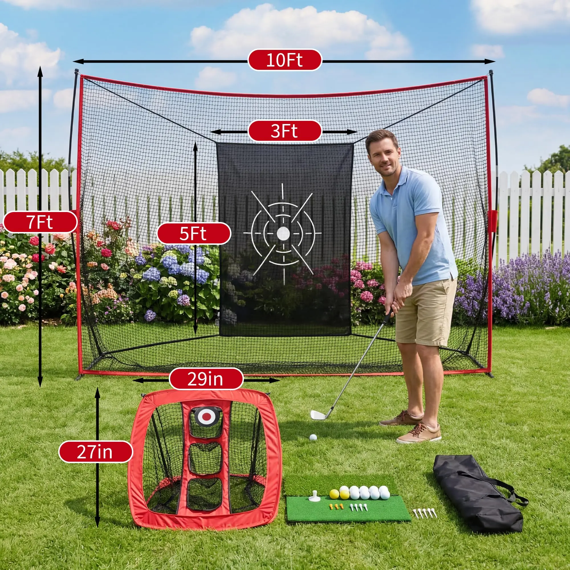 Garvee Golf Practice Net 10x7ft for Driving, Chipping, Putting, Backyard & Indoor Training Net with Chipping Targets, Mat, 8 Tees, 6 Balls, Carry Bag, Heavy Duty for Garage, Home Use