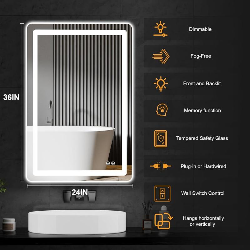 36"x24" LED Bathroom Vanity Mirror with Lights, Front and Backlit Wall Mirror, Anti Fog, Dimmable 3 Color Lighting, Memory Function, Shatterproof Glass, Plug in or H