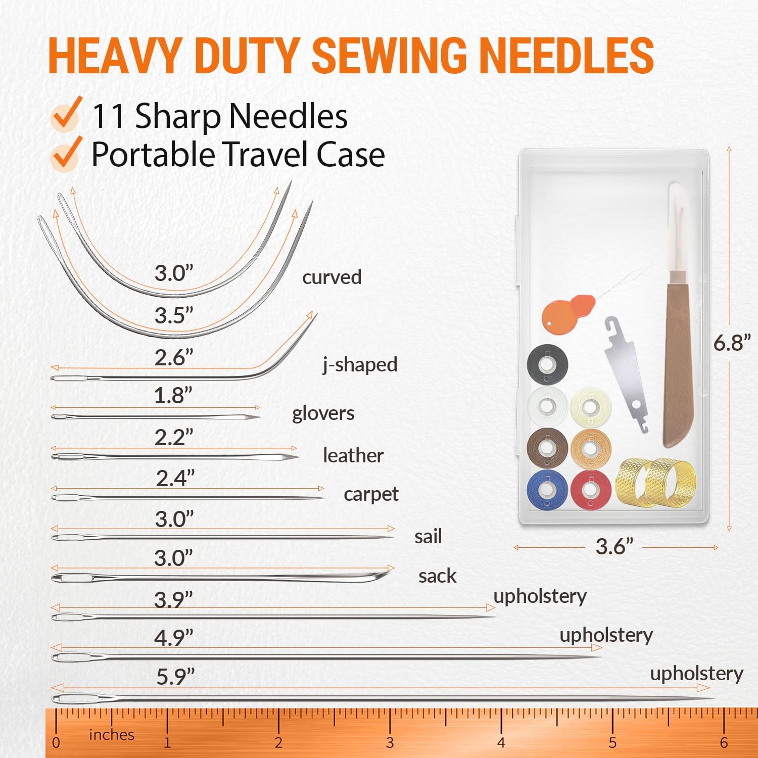 Heavy Duty Sewing  (11 PCS) & Waxed Thread (7 Colors) - Upholstery Repair Kit for Leather, Canvas, Quilting & More