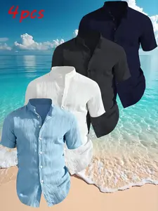 4-Pack Men's Summer Short Sleeve Shirts, Solid Color, Lightweight Breathable, Stand Collar Button Shirt, Ideal for Beach Poolwear
