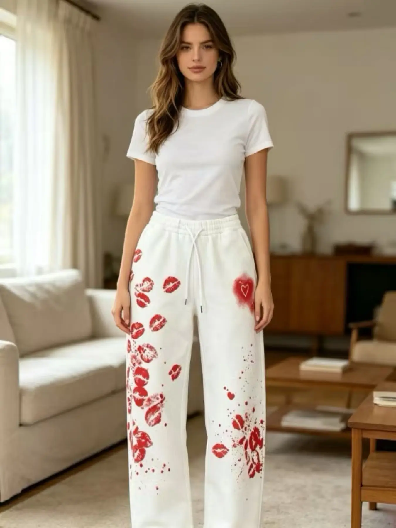 Sexy Lip Print Sleep Pants, Casual High-Waisted Wide Leg Jeans, Soft Cotton Feel, Elastic Waist Drawstring, Home & Wearable