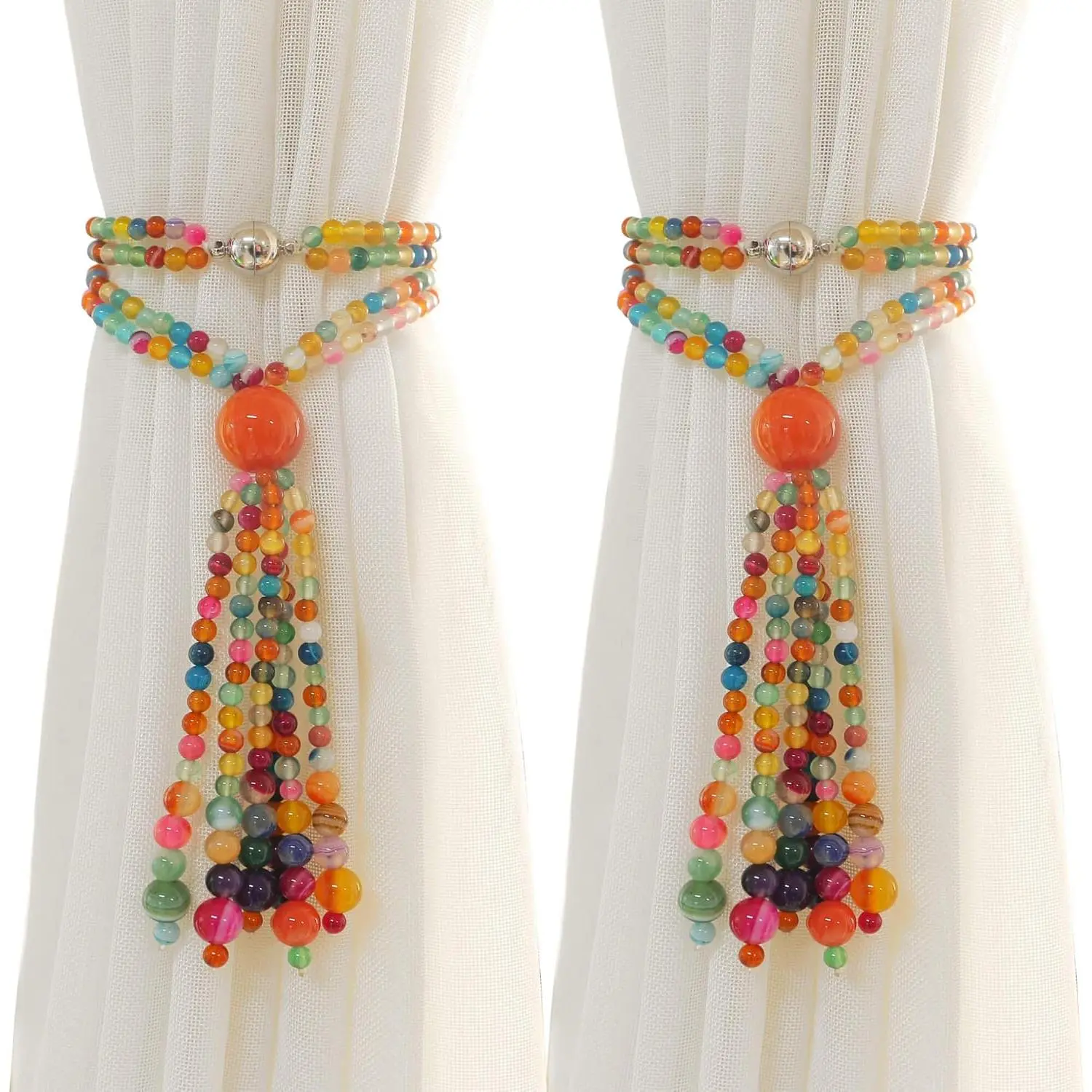 Magnetic Curtain Tiebacks, 2 Pack Colorful Agate Tassel Curtain Drapery Holdbacks, Boho Curtain Ties for Home Office Decorative