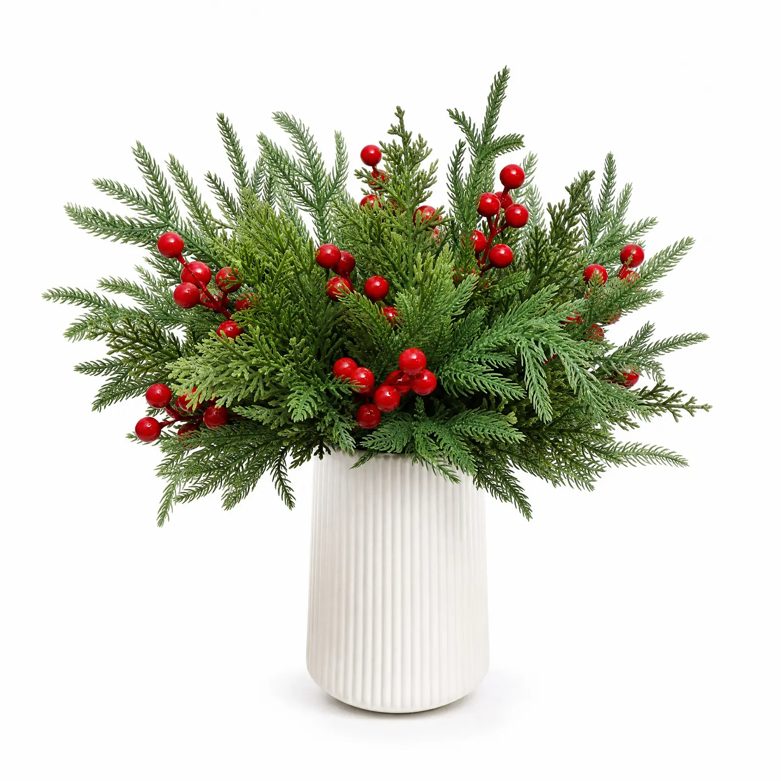 60 PCS Artificial Christmas Greenery Stems Set — 45 Faux Pine & Cypress Branches + 15 Red Berry Stems, Norfolk Pine Style, Holiday Floral Picks for Vase, Garland & Home Decor