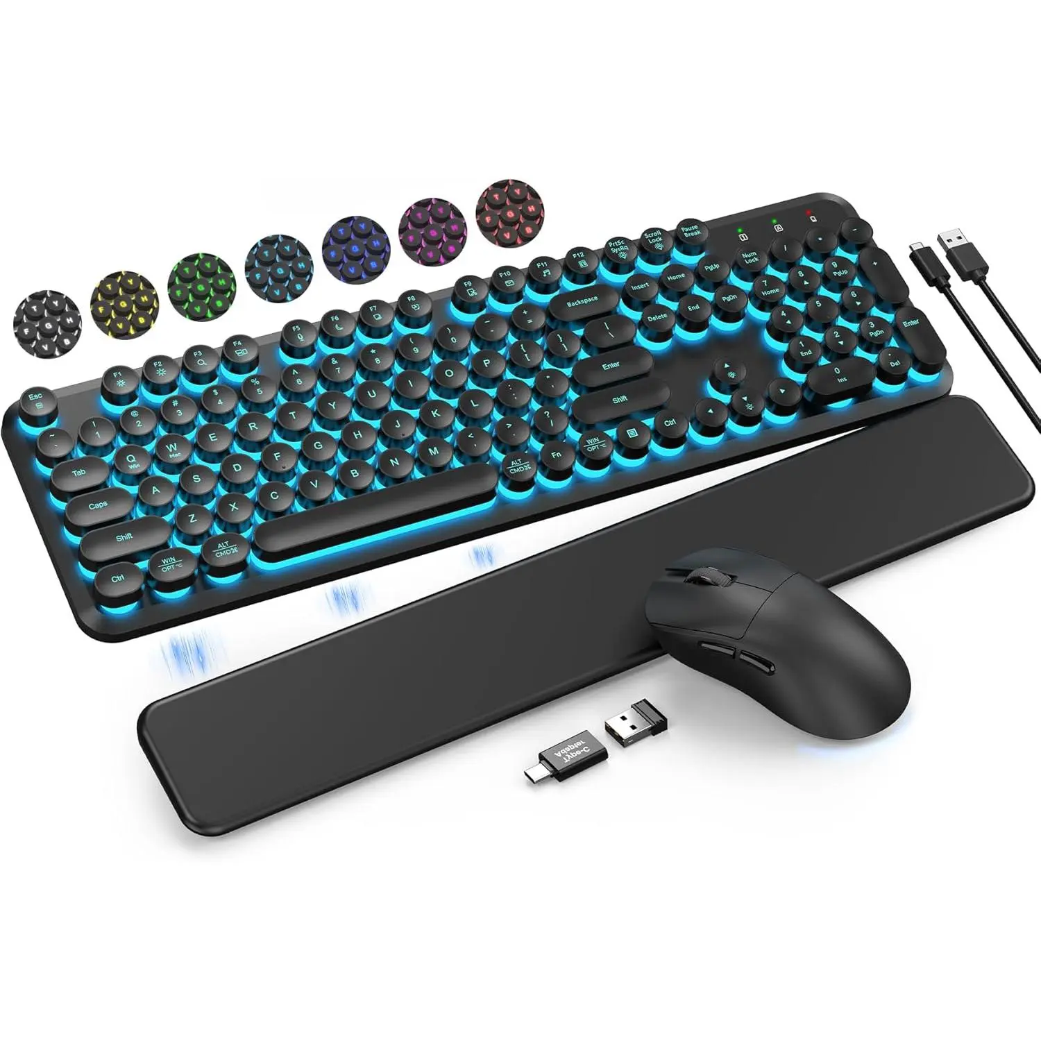 Wireless Keyboard and Mouse Backlit - Typewriter Keyboard with Magnetic Wrist Rest, Retro Round Keys, Light Up Letters, 2.4GHz Cordless Combo for Mac, Windows, PC, Laptop