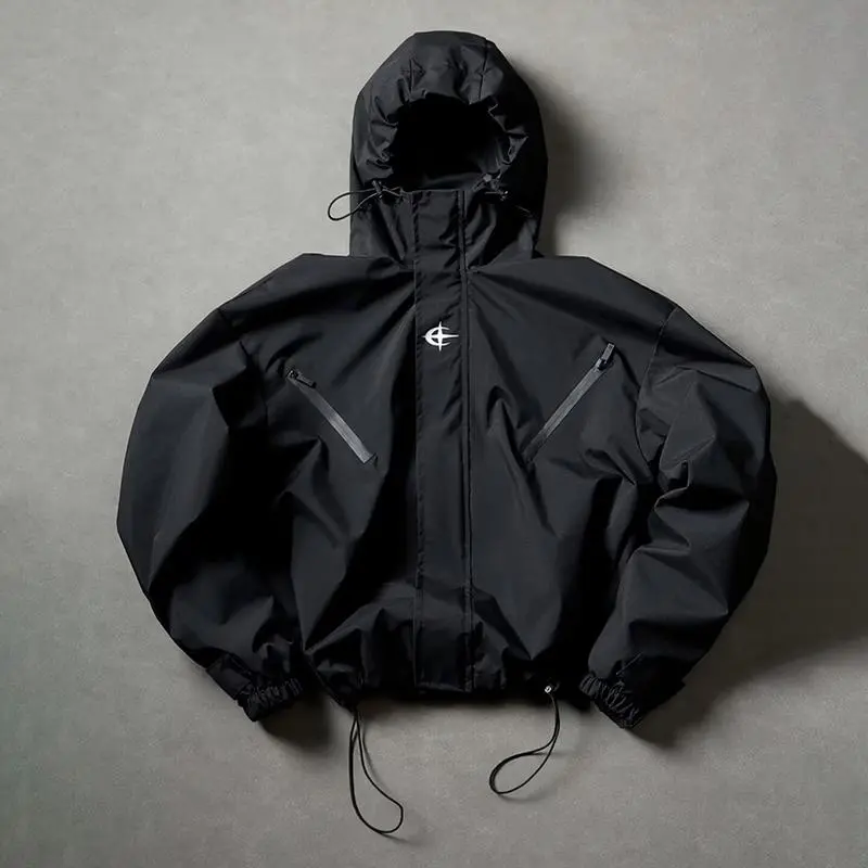 Men's Techwear Hooded Windbreaker Jacket,  Casual Loose Fit Outdoor Rain Shell, Waterproof Seam Zipper Pockets, Adjustable Hem & Cuffs, Streetwear Hip Hop Functional Outerwear, 6 Colors Available