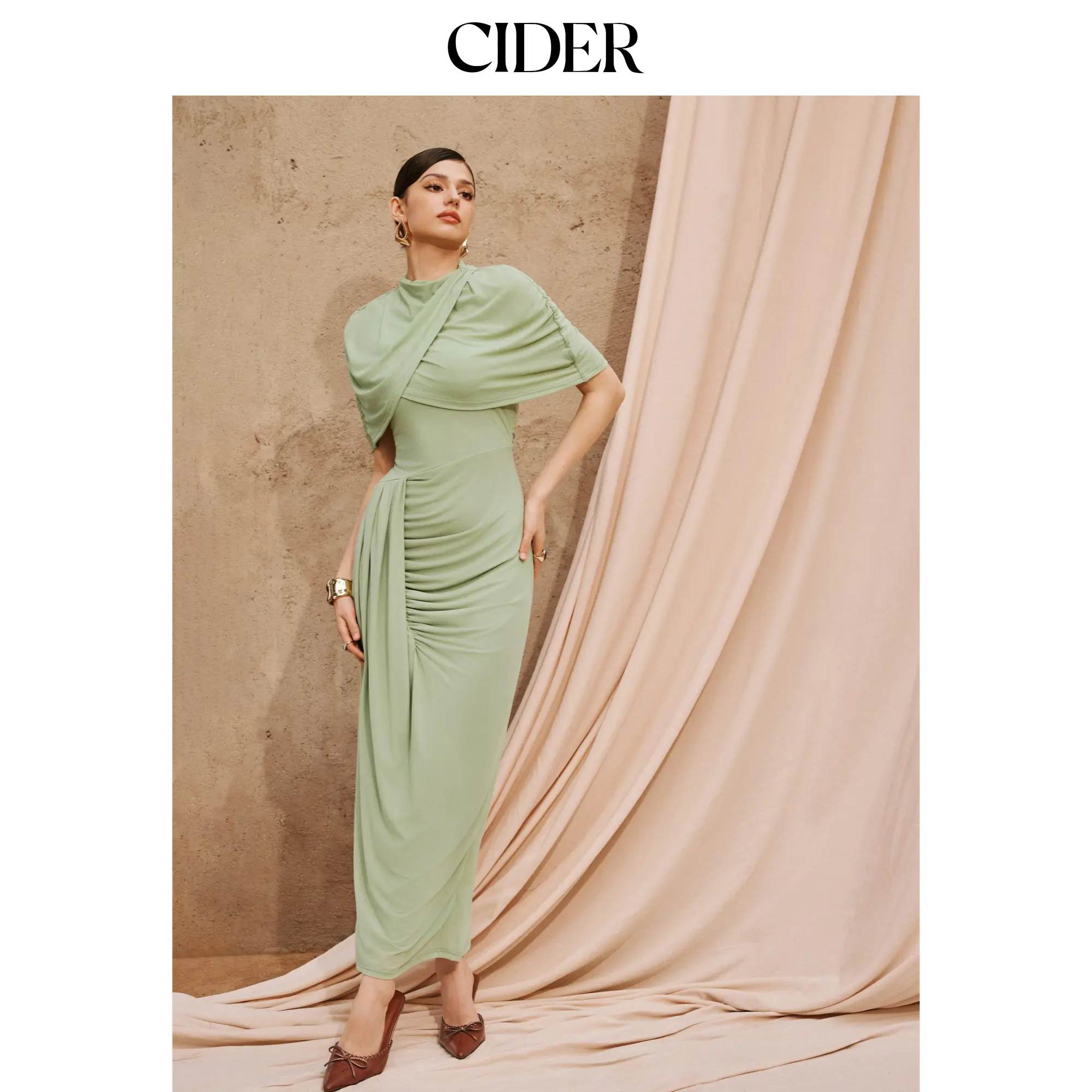 Cider Mesh High Neckline Asymmetrical Ruched Cloak Sleeve Mermaid Maxi Dress SummerFinds
