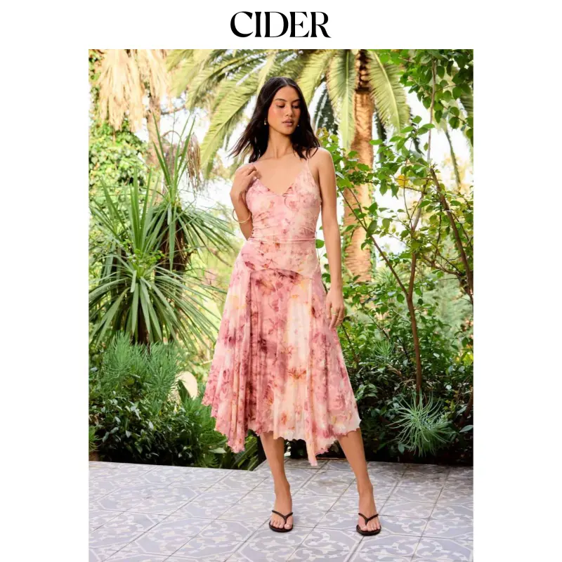 Cider Mesh Floral V-neck Ruched Asymmetrical Ruffle Hem Flared Maxi Dress