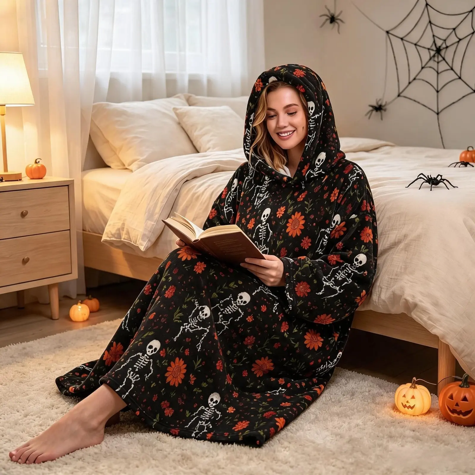 1pc Pullover Hooded Flannel Wearable Blanket, Dark Base Printed with Dancing White Skeletons, Red-Orange Flowers & Green Leaves, Soft Skin-Friendly All-in-One Loungewear Robe, Warm Gift for Wife, Mother, Lover, Ideal for Couple Birthdays, Christmas & Hall