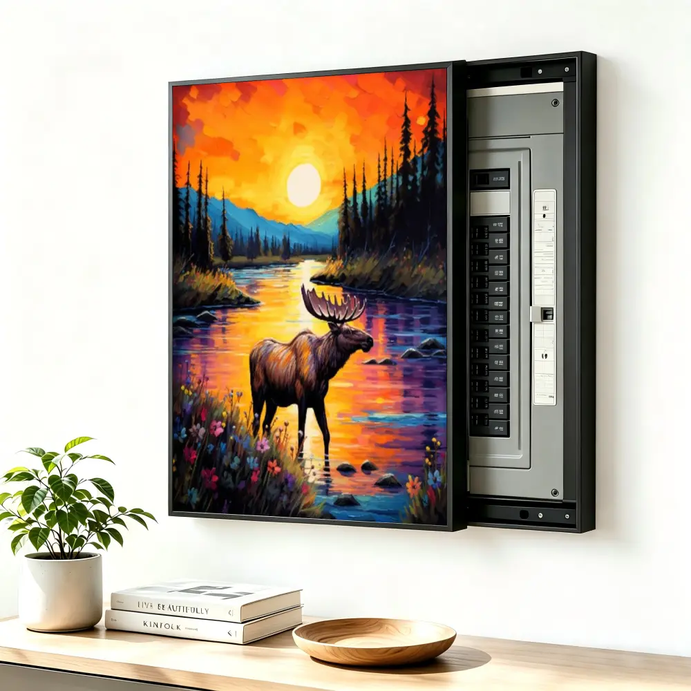 ElectricalPanel Cover Decorative Breaker Box Cover Fuse Box Cover Moose At Sunset River Scene Aluminum Alloy Frame With High Quality Canvas, LivingRoom Home Office