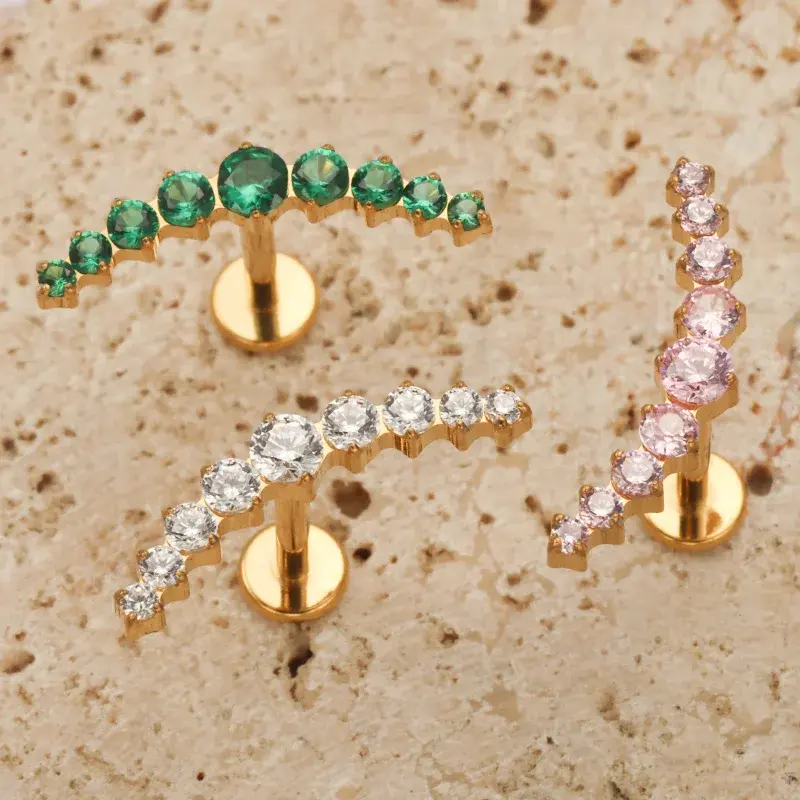 Titanium Labret Cluster Earring | Internally Threaded Helix & Tragus Stud | Dainty CZ Arc Climber