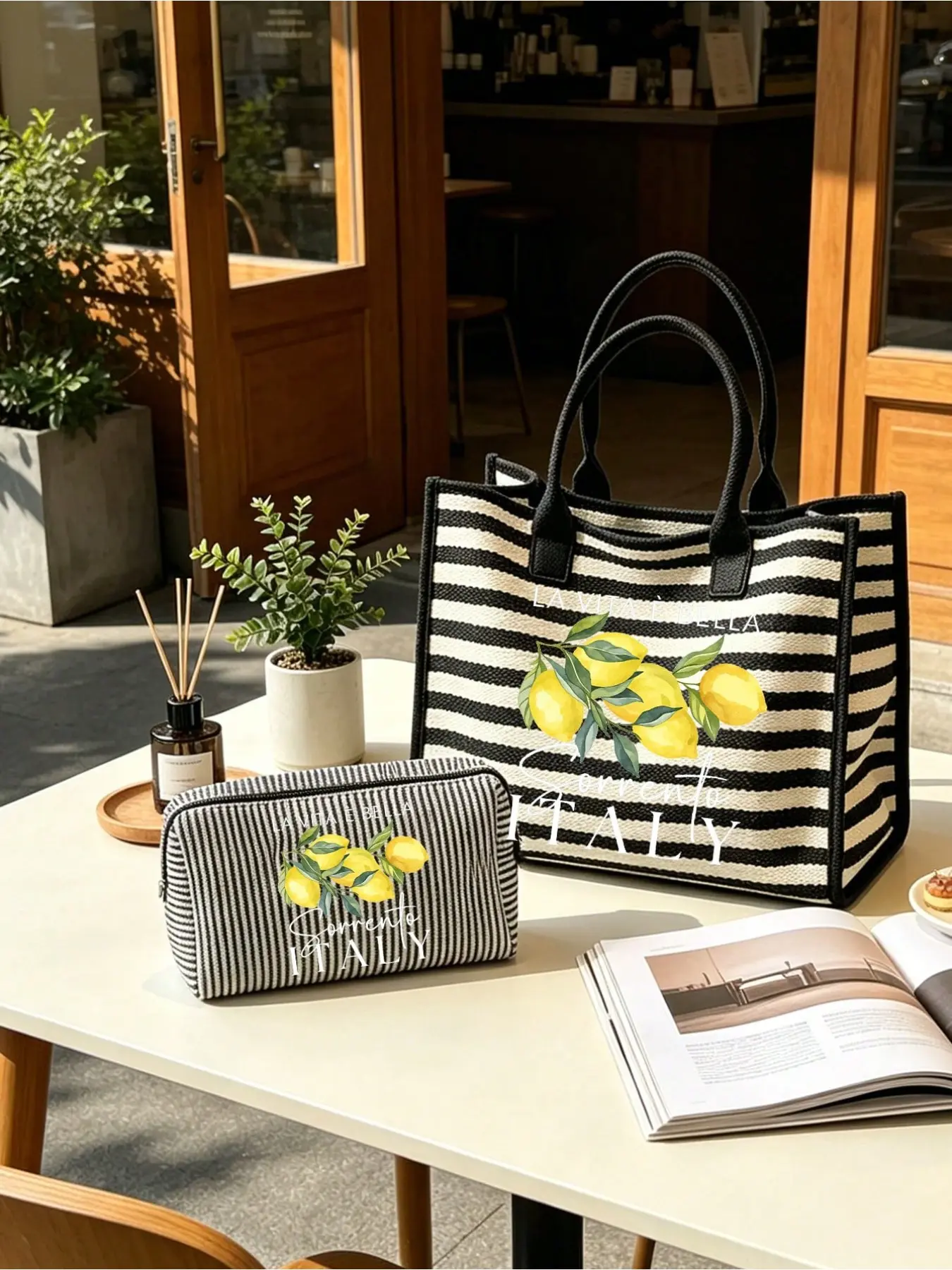 "lemon Sorrento Italy" Large Capacity Striped Handbag Set, Fashion Contrast Design, Commute Canvas Bag, Outdoor Shoulder Bag, French Handbag