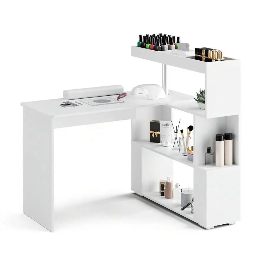 L-Shaped Manicure Table, Reversible Nail Tech Desk With Storage Shelves, Rotating Beauty Station Salon & Home, Professional Nail Table