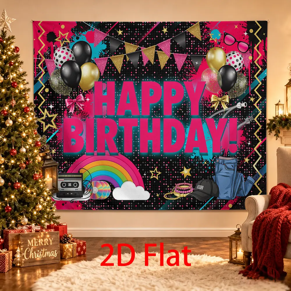 Retro Graffiti Happy Birthday Backdrop, Black Pink Gold Rainbow Cassette Party Background, 80s 90s Photo Booth Decor