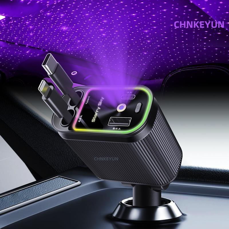 4-in-1 Car Roof Super Fast Retractable Car Charger with Anti-Tangle Retractable Cables, Dual Charge Port,Starlight In Roof Fast Charging Adapter -Automotive  car charger  starlight led charger No aromatherapy