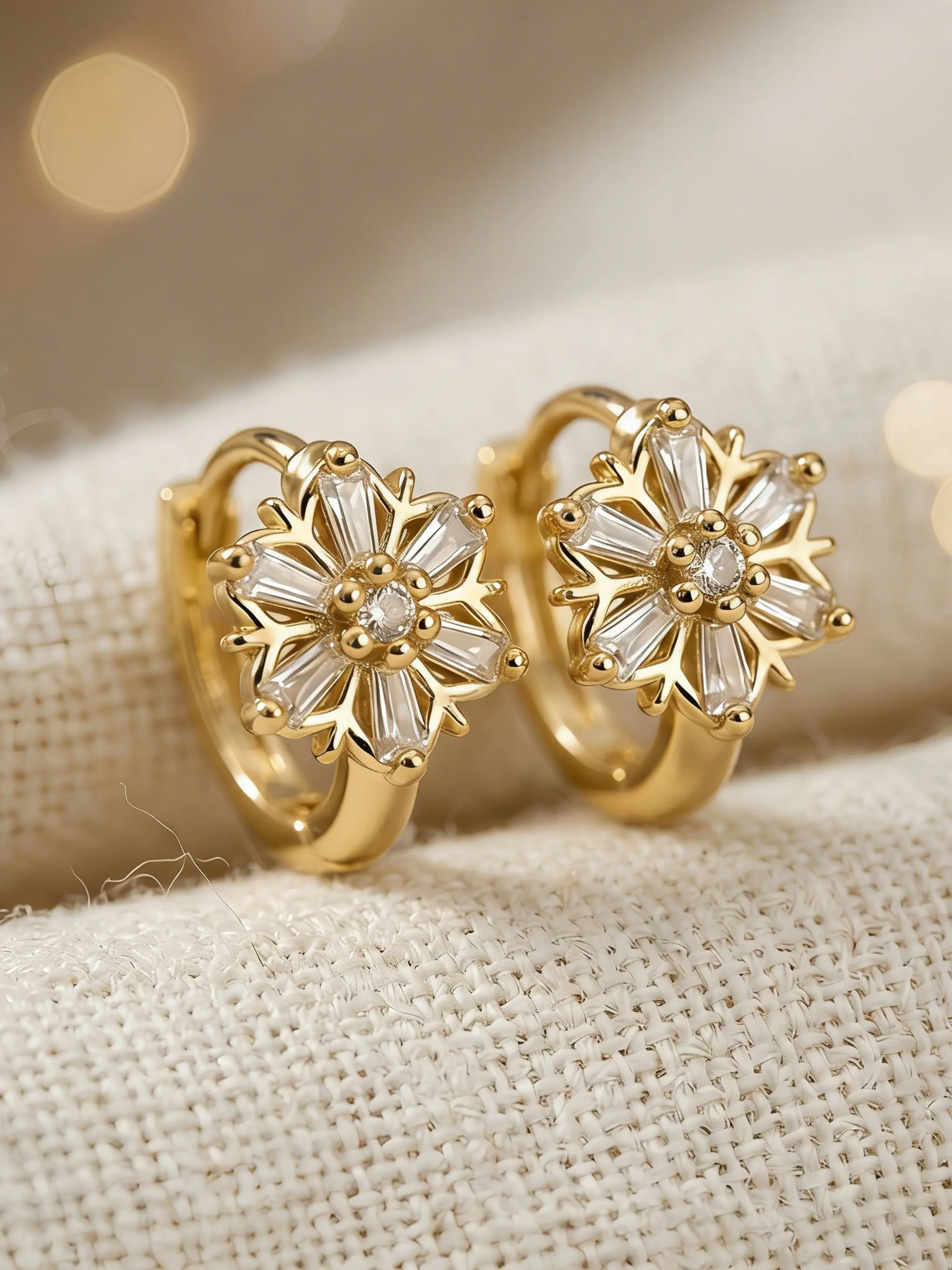 Gold Plated Snowflake Hoop Earrings for Women • Dainty Fully Baguette CZ Huggie Earrings • Elegant Geometric Sparkly Crystal Zirconia Jewelry Gift