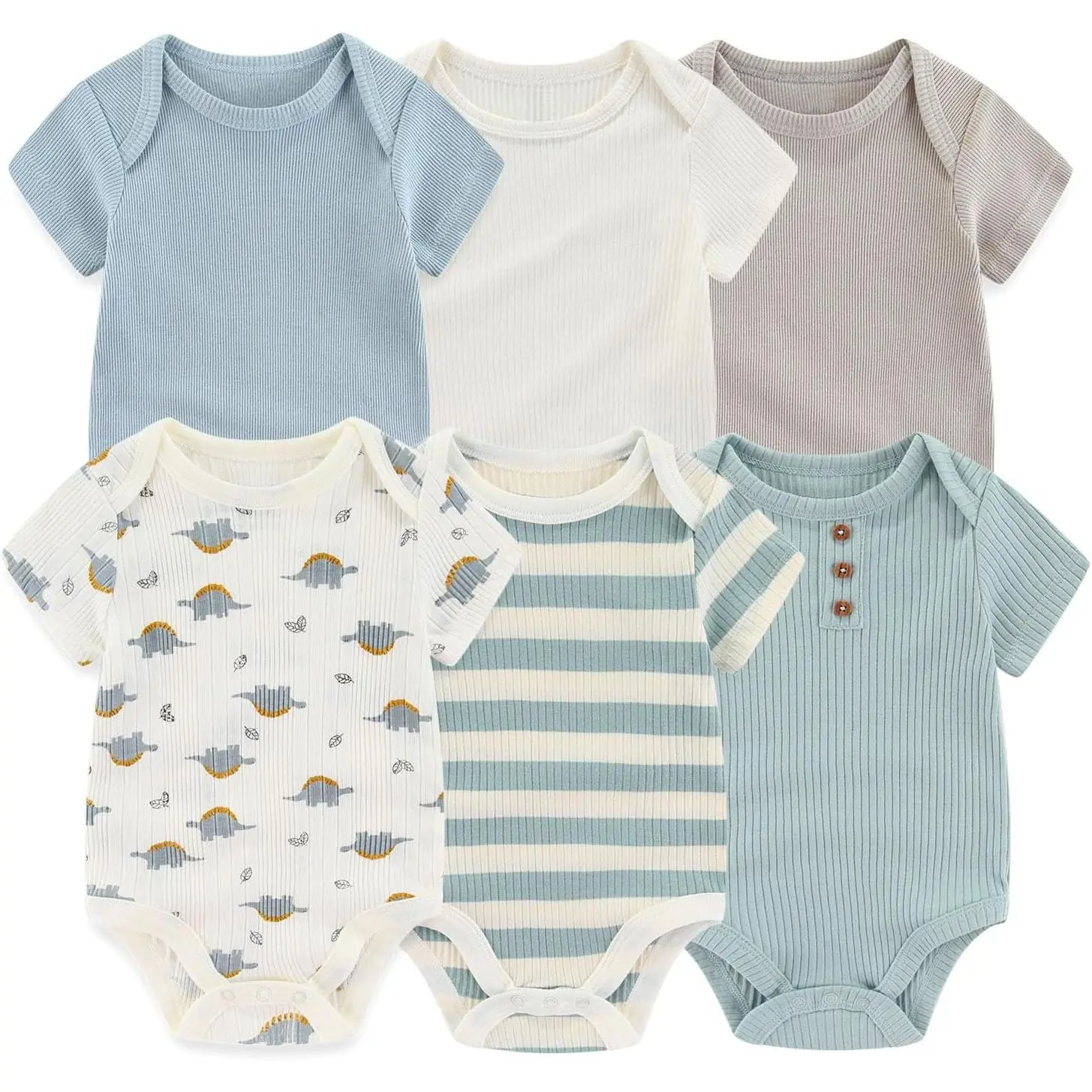 Unisex Baby Bodysuits, 6-Piece Soft Ribbed Short Sleeve Set for Infants, Solid Blue, Gray, Khaki, and Green, Baby Bodysuit 6-Piece Blue/Gray/Khaki/Green