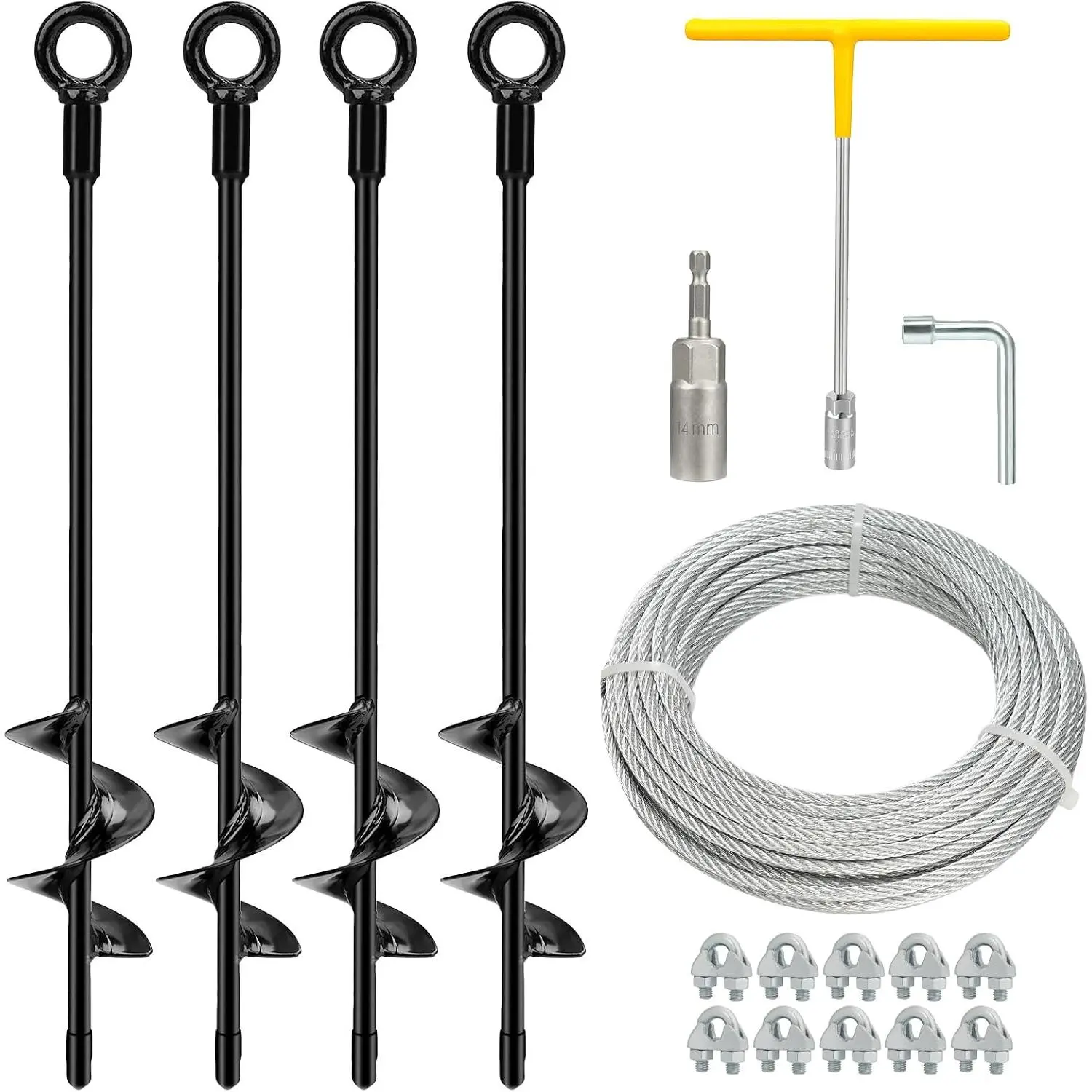 4 Pack 18" Heavy Duty Ground Anchors Shed Anchor Kit with 3/16" Galvanized Cable, Swing Set Anchors Trampoline Stakes for Shed Canopy Gazebo Carport Tent