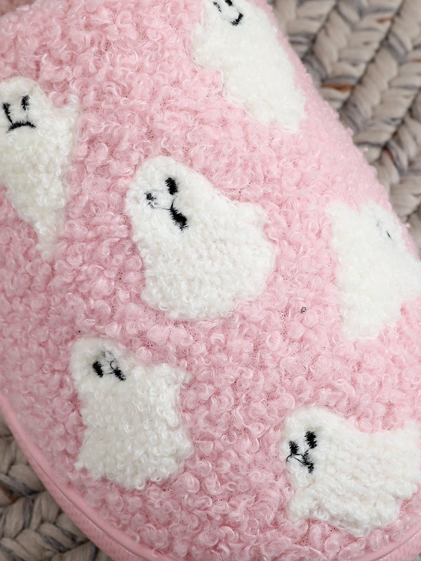 Women's Cute Cartoon Ghost Pattern Plush Slippers, Warm Casual Soft Comfortable Home Slippers, Warm Slippers for Indoor & Outdoor Use for All Seasons, Flat Slipper