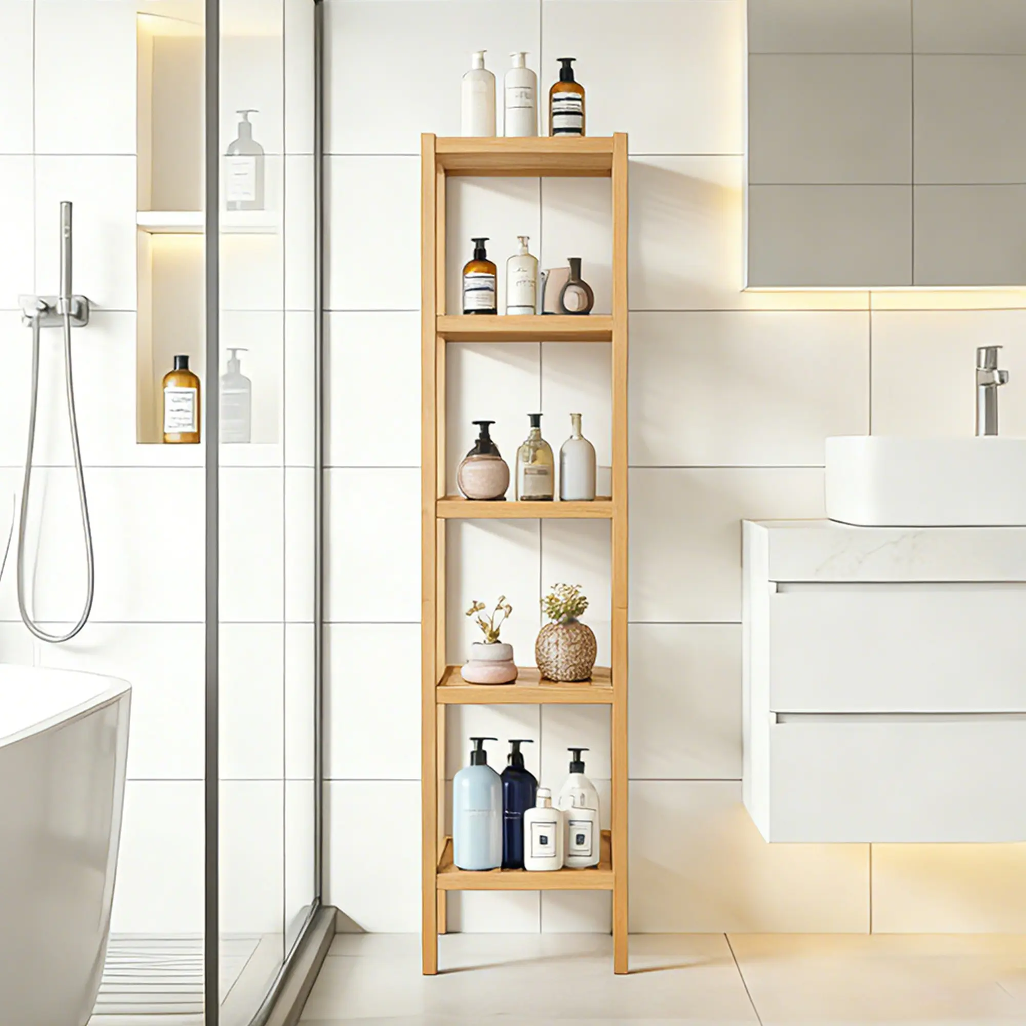 Space-Saving Narrow Wooden Freestanding Shelf, 5-Tier Slatted Standing Storage Rack, Sturdy Frame, Easy Assembly, Natural Wood Finish, Ideal for Bathroom, Entryway, Bedroom, Kitchen & Sunroom