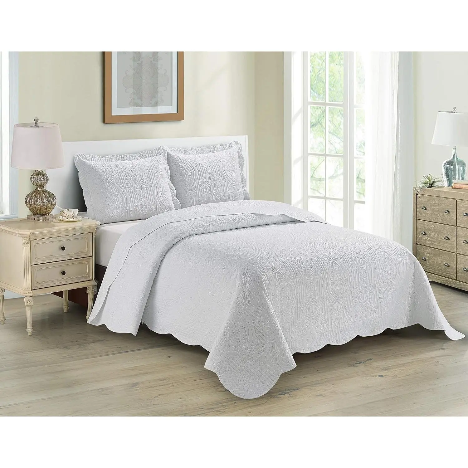 3pc Full/Queen Over Size Luxury Embossed Bedspread Set Light Weight Solid White New