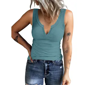 Women's Ribbed V Neck Sleeveless Tank Tops Summer Slim Fitted Basic Tee Crew Neck Cami Shirt