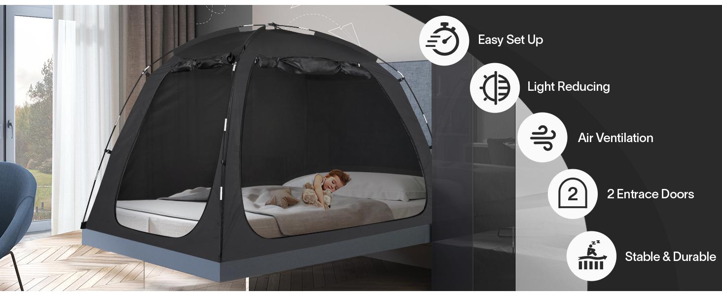 Bed Tent Full Size Bed, Light Reducing Sleeping Tent Lightweight Indoor Tent Breathable Privacy on Bed with 2 Doors for Adults Kids Autism (Full, Black)
