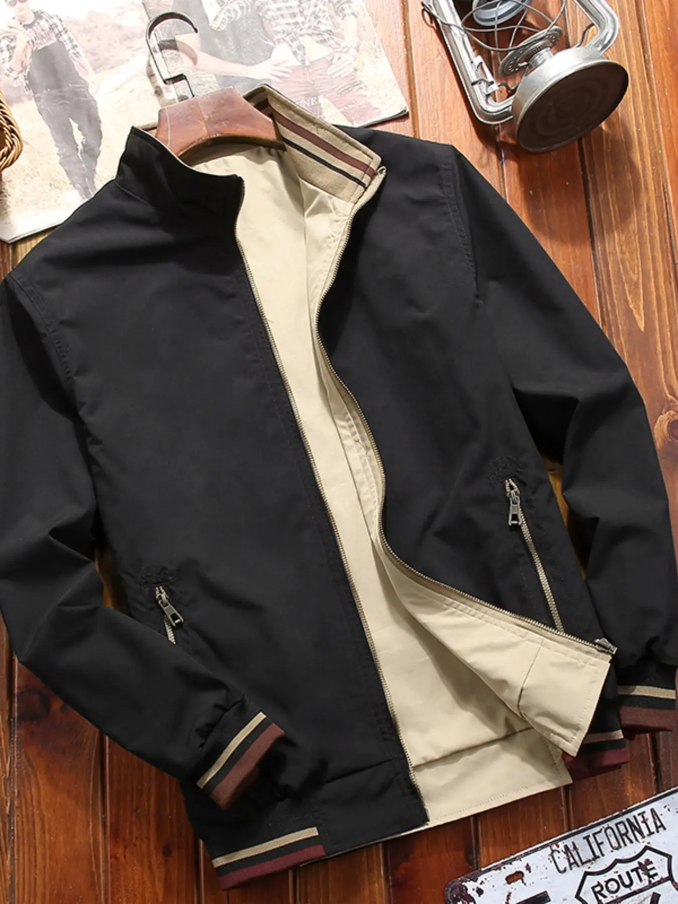 Men's Reversible Stand Collar Bomber Jacket, Lightweight Windproof, Long Sleeve, Zipper Closure, Multiple Pockets, Ribbed Trim, Casual Style