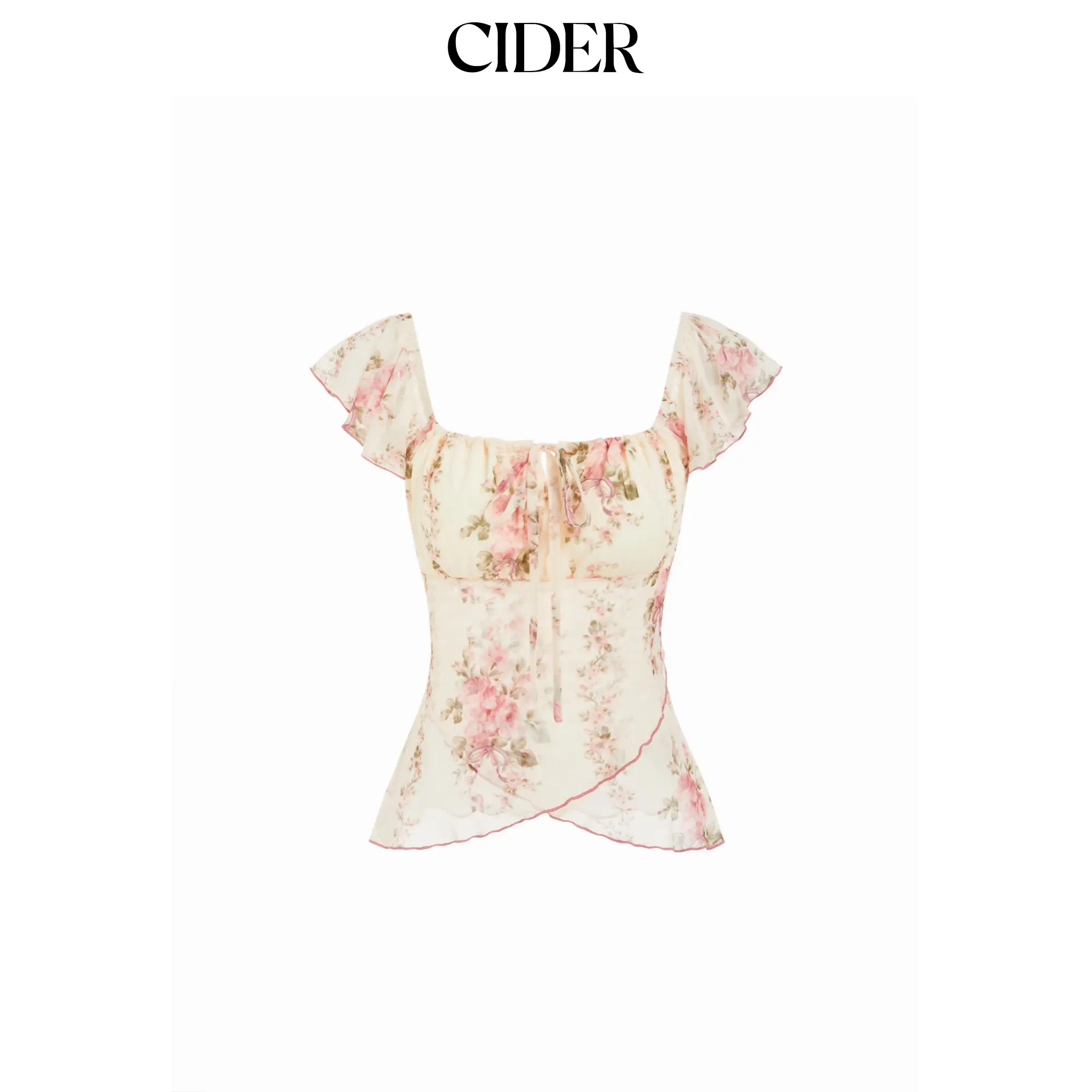 Cider Chiffon Floral Square Neck Twist Knotted Ruffle Sleeve Crop Top SummerWins SummerFinds