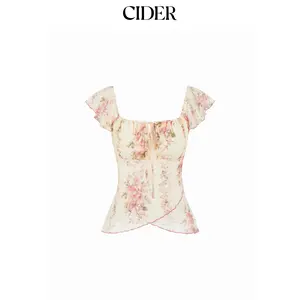 Cider Chiffon Floral Square Neck Twist Knotted Ruffle Sleeve Crop Top SummerWins SummerFinds