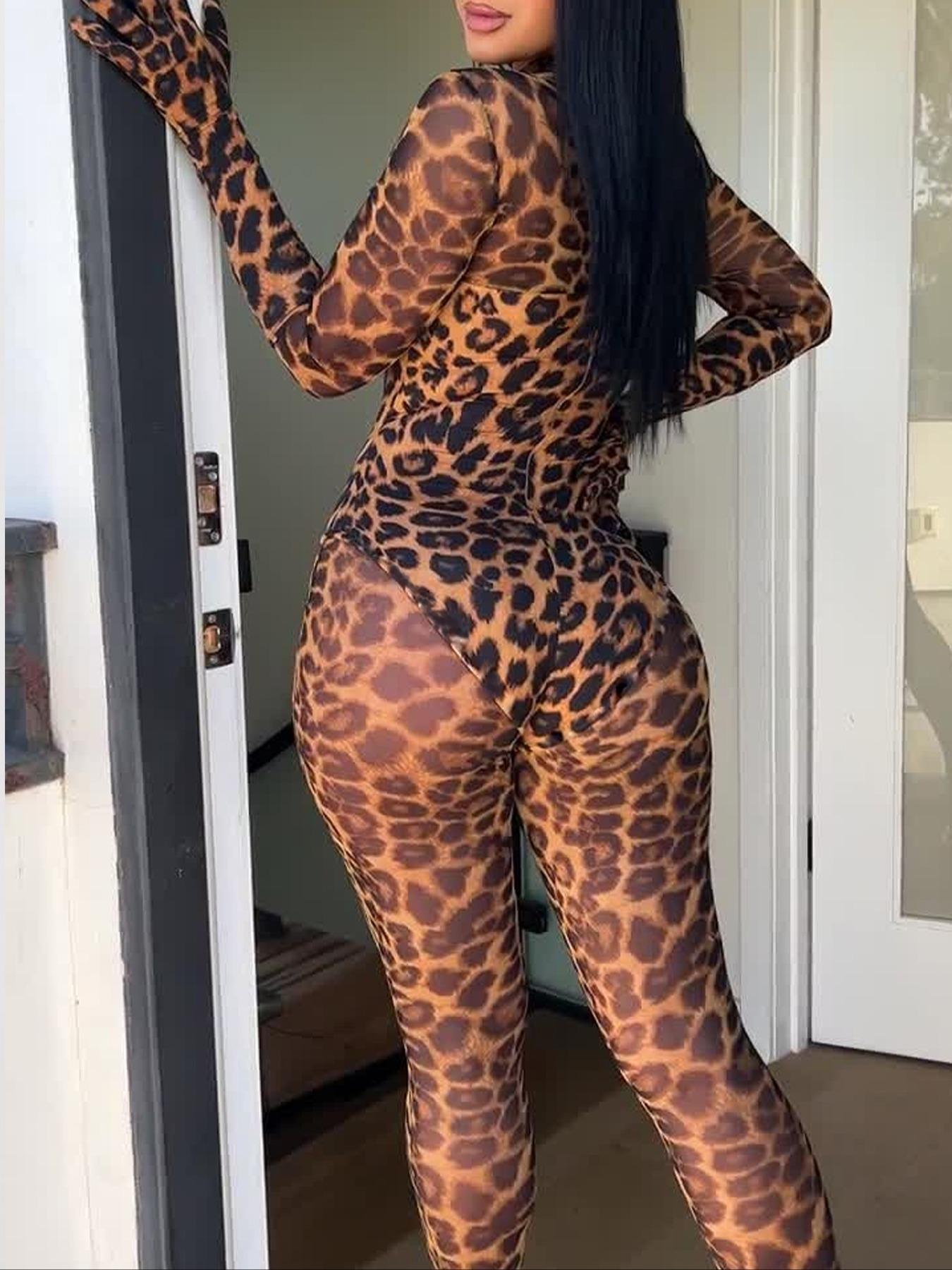 Women's Leopard Print Mesh Bodysuit, Sheer Long Sleeve High Neck Backless Bodycon Jumpsuit, Party Wear, Slim Fit, All Seasons, Womenswear Women's Leopard Print Mesh Bodysuit, Sheer Long Sleeve High Neck Backless Bodycon Jumpsuit, Party Wear, Slim Fit, All Seasons, Womenswear