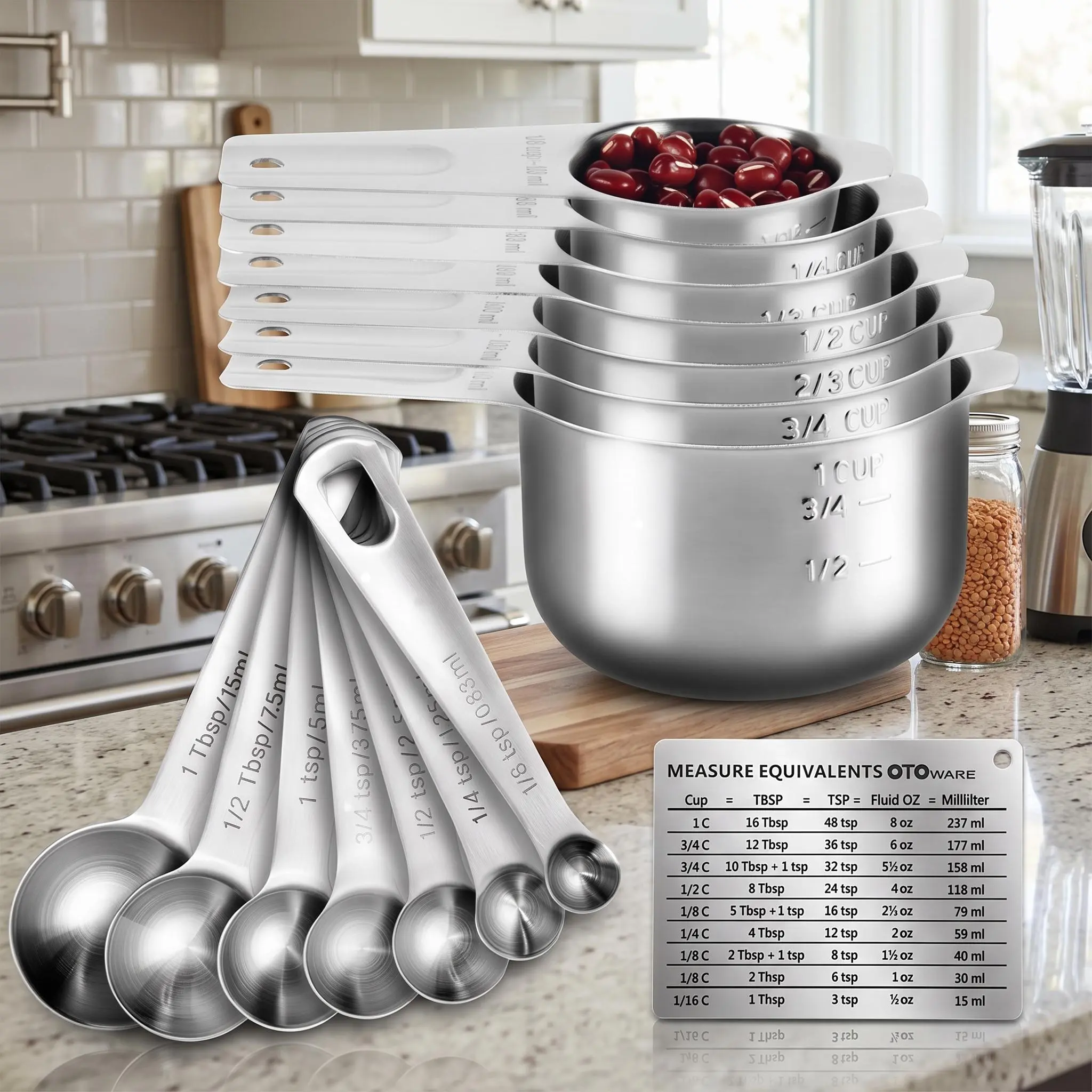 15-Piece Heavy Duty Stainless Steel Measuring Cups and Spoons Set – 7 Stackable Cups, 7 Spoons, Measurement Scale Board – Accurate Liquid & Dry Kitchen Baking Utensils