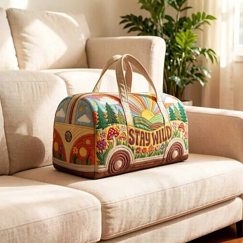 Bohemian Vintage Bus Print Travel Tote Bag, Featuring Full-coverage Natural Scenery and the "STAY WILD" Slogan, Vibrant with a Free-spirited Vibe. A Large-capacity Tote Style, Suitable for Short Trips, Gym Workouts, or as a Garment Storage Bag