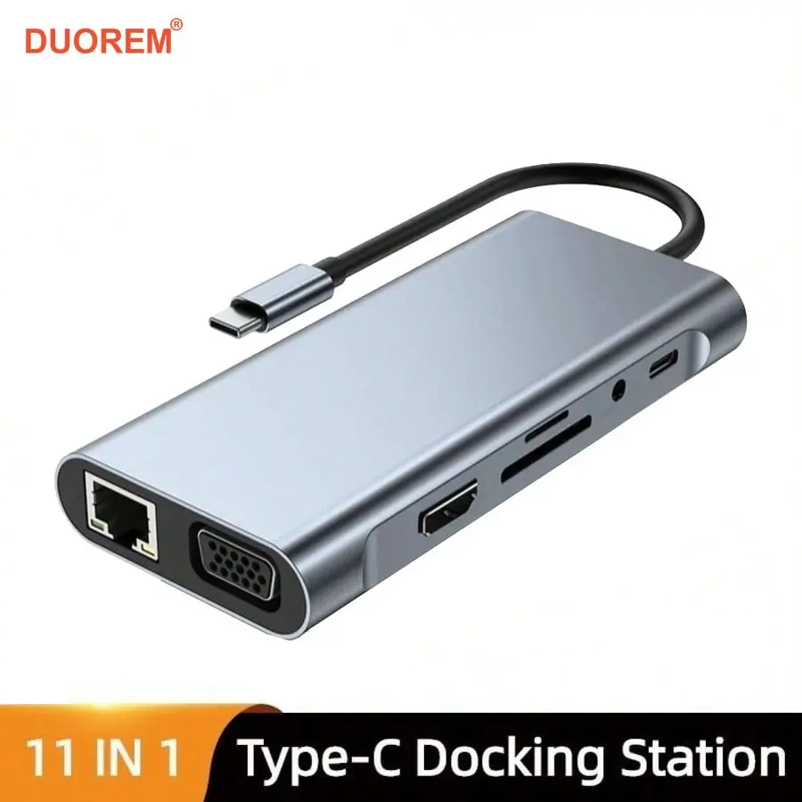 11-IN-1 USB C HUB 3.0 Type-C Docking Station Splitter To 4K HDMI VGA RJ45 Ethernet SD/TF Card Reader USB 3.0 87W PD Charging 3.5mm AUX Audio USB C Dongle Multi Port USB Ports Adapter