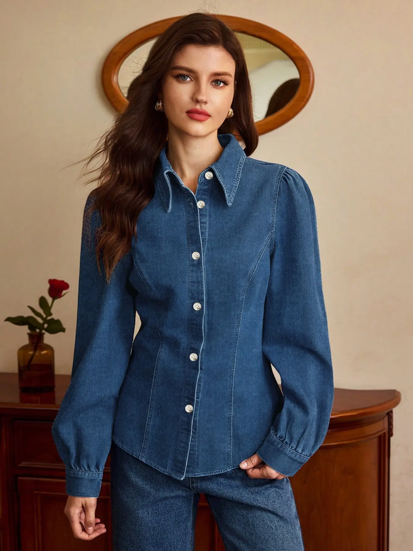 French Vintage Bubble Shoulder Long Sleeve Denim Blouse for Women, Non-Elastic Fabric, Pointed Neck, Slim Fit, All Seasons