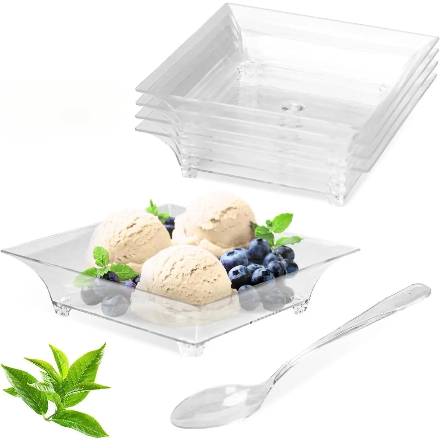 100-Pack Disposable Square Shape Mini Dessert Plates with Spoons - 1 oz BPA-Free Food-Grade Plastic for Celebrations, Appetizers, Trifle