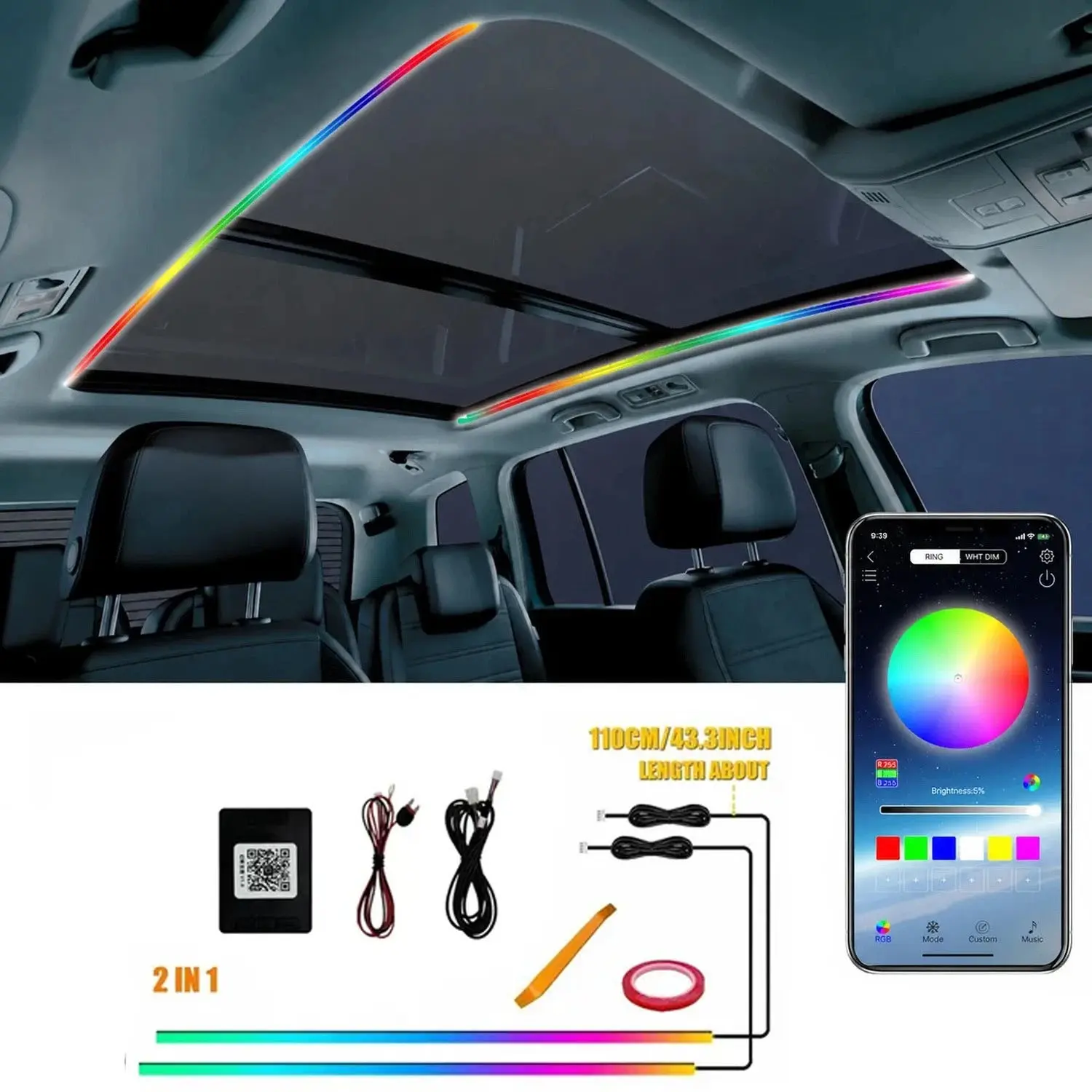 Full Color LED Sunroof Light Car Panoramic Skylight RGB Ambient Lighting, Car Interior Roof Mod Light, Christmas & Halloween Gift For Car Enthusiasts