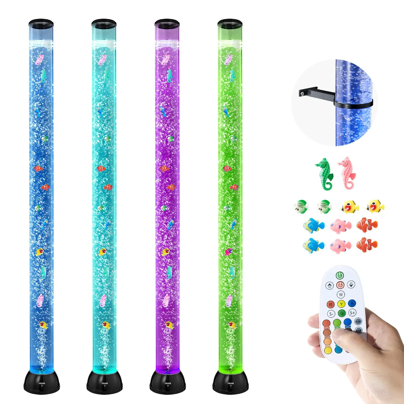 VEVOR 5 ft Sensory Bubble Tube Lamp, Colorful Bubble Hanging Decor with 10 Floating Fish, 16 Color Effects, Remote Control, Light-Up Jellyfish Effect for Bedroom Living Room Stress Relief Home Use, Light-Up Jellyfish Effect Hanging Decor
